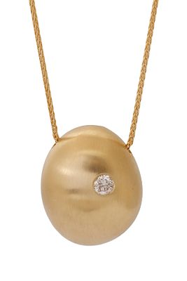14K GOLD PENDANT. Element decorated in matte Gold work and set with a diamond. Includes a 14K 