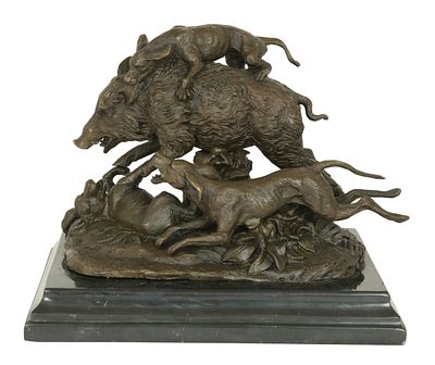 AFTER PIERRE-JULES MENE, (1810–1879), FRENCH BRONZE SCULPTURE. Scene of a wild-boar attack by 