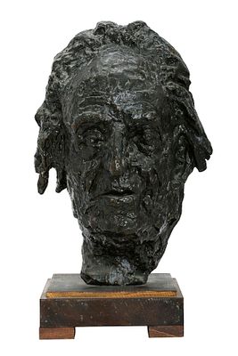 UNIDENTIFIED ARTIST – HEAD. Bronze sculpture. Cold painting. Mounted on wooden base. Total 