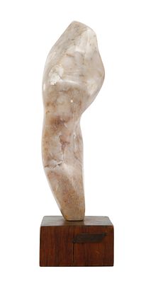 REUVEN SHARF – “BULKY WOMAN”, MARBLE SCULPTURE. Mounted on a square wooden base. Features a 