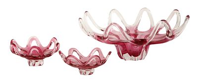 3 BOHEMIAN CRYSTAL BOWLS. Includes a centerpiece and two flower-shaped bowls with twisted loop 
