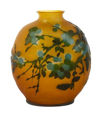 GALLE – FRENCH CAMEO GLASS VASE. Circa 1920. Decorated with clusters of fruit and leaves 