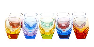 MOSER. SET OF 10 CRYSTAL GLASSES. Bar glasses in various colors. Signed. Height: 10.5 cm.