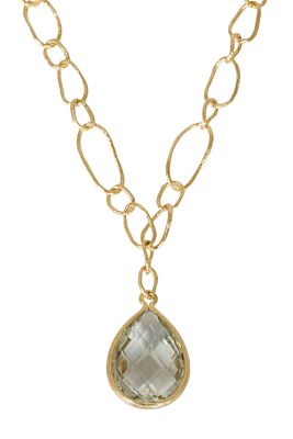14K GOLD PENDANT. Set with a green amethyst in a drop cut, including a graduated oval link 