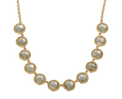18K GOLD NECKLACE. Composed of round links set with green amethysts in a briolette cut. Weight 