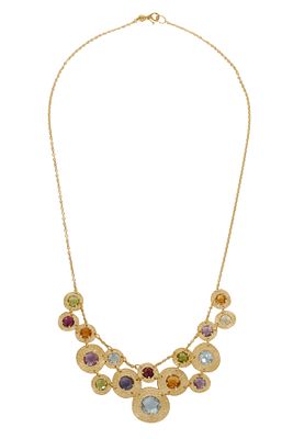 14K GOLD BRACELET. Composed of graduated gold links, round, decorated and set with various 