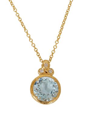 18K GOLD PENDANT. Set with blue topaz and 3 small diamonds. Includes an 18K gold chain. Weight 