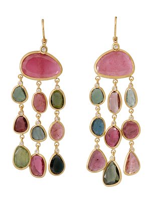 18K GOLD EARRINGS. Set with pink and green tourmaline stones and graduated small diamonds with a 