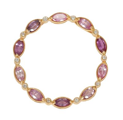 14K ROSE GOLD PENDANT. Round element, set with pink sapphires and diamonds alternately. Diameter 