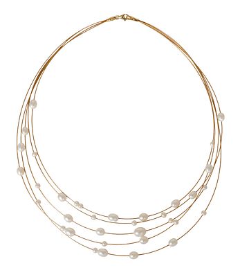 14K GOLD NECKLACE. Composed of 5 gold cables set with pearls graduated in diameter from approx. 