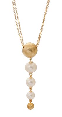 18K GOLD NECKLACE. Gold element carrying 3 pearls graduated in diameter from approx. 7 to 9.5 
