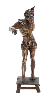 AFTER AUGUSTE DE WEVER (1836–1910) – HARLEQUIN WITH VIOLIN. 20th century. Bronze figurine with 