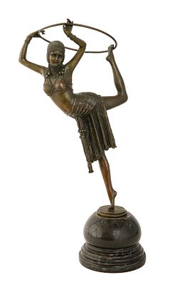 AFTER DEMETRE H. CHIPARUS, HULA HOP DANCER, ART-DECO BRONZE SCULPTURE. Brown patina. Mounted on 