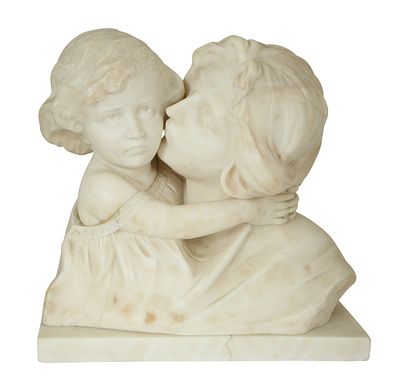 GIUSEPPE BESSI (1857-1922) - MOTHER AND DAUGHTER, ITALIAN SCULPTURE. Made of Alabaster. Epicting 