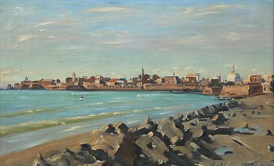 Ludwig Blum - 1891 - 1974. Acre Bay, 1955, 
Oil on canvas, 38X61 cm. 
Signed and dated.