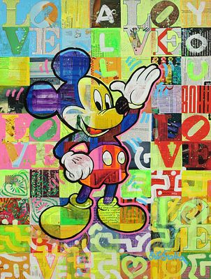 Eric Brakha - b. 1968. Mickey Mouse on a Robert Indiana reverseground. 
Acrylic, mixed media, and 