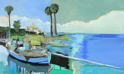 Oded Feingersh - b. 1398. Fishing Boats in Jaffa Port, 
Oil on canvas, 74X130 cm. 
Signed.