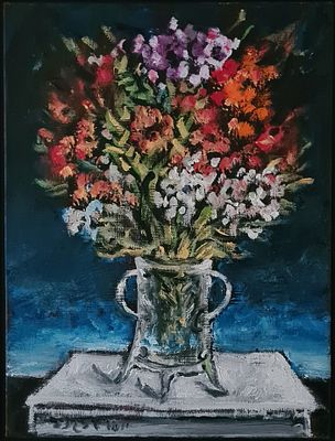 Yosl Bergner - 1920 - 2017. Flowers, 
Oil on canvas, 40X30 cm. 
Signed. Signed on the reverse.