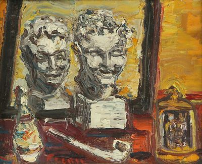 Izhak Frenkel - Frenel - 1899 - 1981 . Sculptures and Pipe, 
Oil on canvas, 19X24 cm. 
Signed.