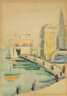 Sionah Tagger - 1900 - 1988. Jaffa Port, 1977, 
Watercolor on paper, 48x32 cm. 
Signed and dated.