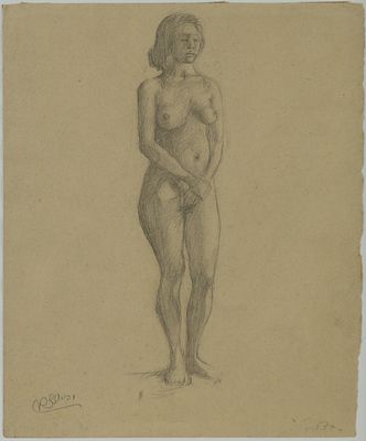 Meir Gur-Arie - 1891 - 1951. Nude Girl, 
Pencil on paper, 23X18 cm. 
Signed and titled Bezalel. 