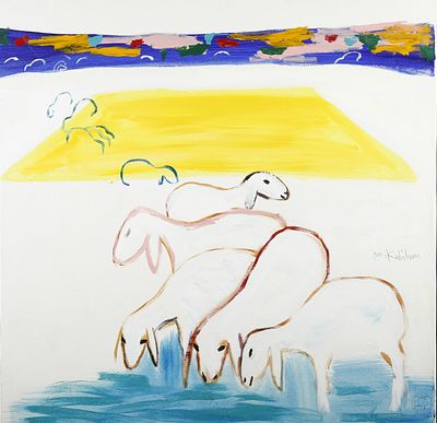 Menashe Kadishman - 1932 - 2015
. Sheep in the Pasture, 
Acrylic on canvas, 100x100 cm. 
Signed. 