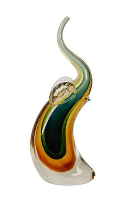 Murano. פיל. פסלון זכוכית איטלקי. מעוטר בגווני ענבר וירוק על רקע שקוף בעבודת ניפוח יד אמן. נושא 