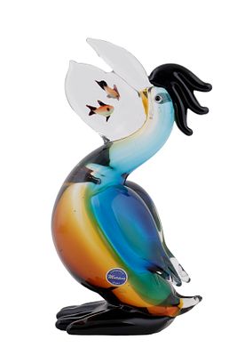 Murano. שקנאי. פסלון זכוכית איטלקי. המאה ה-20. מעוטר בגווני כחול וענבר בתוכו זוג דגיגונים. נושא 