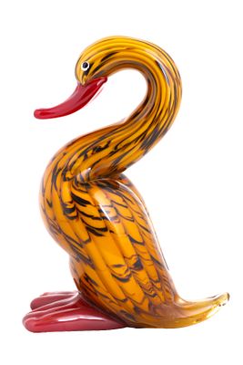 Murano. ברווזון. פסלון זכוכית איטלקי, המאה ה-20. מעוטר בצבעי כתום מנומר ואדום על רקע שקוף בעבודת 