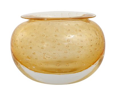Ars Cenedese, Murano - קערת בולינטו. מעוטרת בבועיות ועלי זהב 24k על רקע בגוון צהוב ושקוף. חתום. 