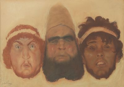 אבל פן - 1963 - 1883. אבות (שלוש), 
פסטל על נייר, 34x49 ס"מ, 
חתום.