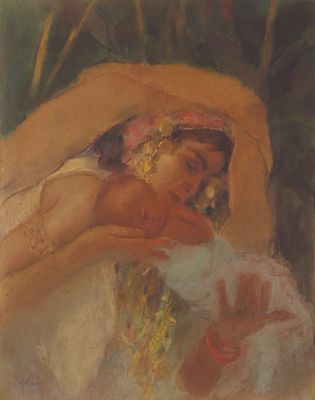 אבל פן - 1963 - 1883. אימהות, 
פסטל על קרטון, 60x50 ס"מ, 
חתום.
