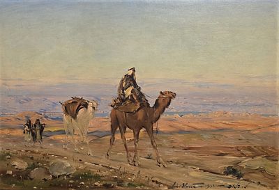 לודוויג בלום - 1974 - 1891. גמלים במדבר יהודה, 1961, 
שמן על בד, 49x72 ס"מ, 
חתום ומתוארך.
מקוריות 