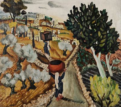ישראל פלדי - 1979 - 1892. נושאת כד בשביל, שנות ה־20, 
שמן על בד, 54x61 ס"מ, 
חתום. 
אוסף נתן קפלן 