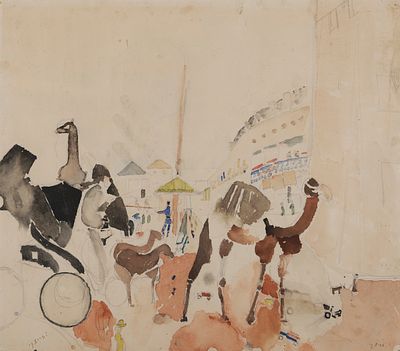 יוסף זריצקי - 1985 - 1891. חיפה, רחוב עם גמל וכרכרות, 1924 בקירוב, 
אקוורל על נייר, 32x35 ס"מ 