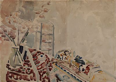 יוסף זריצקי - 1985 - 1891. נערה שוכבת בחדר, 1930, 
אקוורל על נייר, 35x50 ס"מ, 
חתום ומתוארך. 