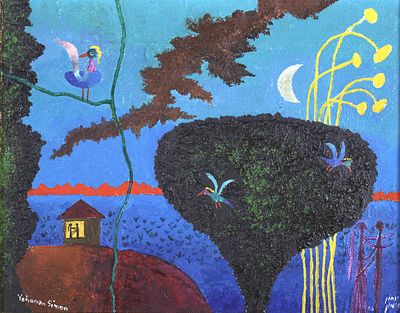 יוחנן סימון - 1976 - 1905. 1966, Birds Night, 
שמן על בד, 27x35 ס"מ, 
חתום ומתוארך. חתום ומתואר מאחור.