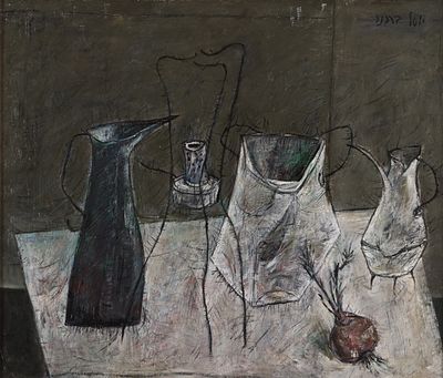 יוסל ברגנר - 2017 - 1920. כלים וסלק, 
שמן על בד, 57x67 ס"מ, 
חתום. חתום ומתואר מאחור.