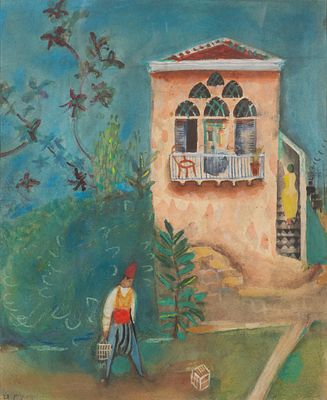 נחום גוטמן - 1980 - 1898. צייד הציפורים, 1928, 
גואש על נייר, 38x30 ס"מ, 
חתום ומתוארך. 
מקוריות 