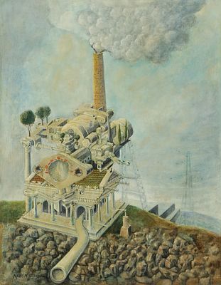 נחום גלבוע - 2015 - 1917. הקרבורטור, 
שמן על בד, 65X50 סמ, 
חתום. חתום ומתואר מאחור.