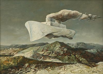 שמואל בק - נ. 1933. ספינה בשמיים, 
שמן על בד, 19x27 סמ, 
חתום. 
מקור: אוסף המשורר אברהם סוצקובר.