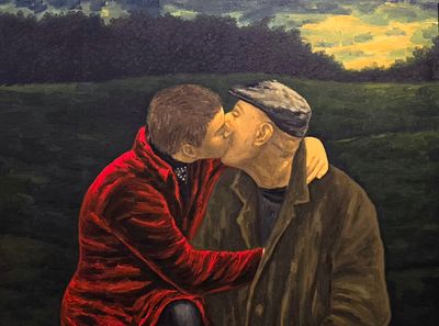 מאיר פיצ'חדזה - 2010 - 1955. האמן ואסנת חכים, 
שמן על בד, 77x102 סמ, 
חתום. חתום מאחור.
מקוריות 