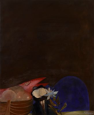 נפתלי בזם - 2018 - 1924. הצייר עם דג ופרח, 
שמן על בד, 81x65 ס"מ, 
חתום.