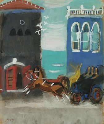 נחום גוטמן - 1980 - 1898. סוסים ונשים בכרכרה, 
גואש על נייר, 63x49 ס"מ, 
חתום. 
מקוריות הציור אושרה 