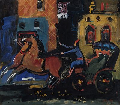נחום גוטמן - 1980 - 1898. כרכרה, 
שמן על נייר מוצמד לבד, 38x43 ס"מ, 
חתום. 
מקוריות הציור אושרה ע"י 