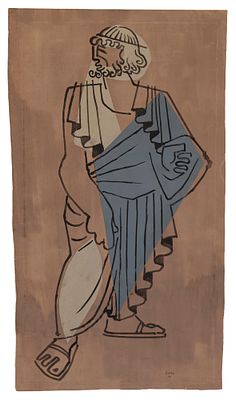 שלום סבא - 1975 - 1897. מתווה "לאדיפוס המלך" בהבימה, 1946, 
טמפרה וקולאז' על נייר, 58x32 ס"מ, 
חתום 