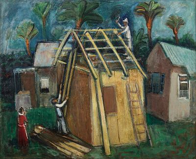 נחום גוטמן - 1980 - 1898. בנאים בנוה שאנן, 1930, 
שמן על בד, 72x93 ס"מ, 
חתום ומתוארך. 
מקוריות 