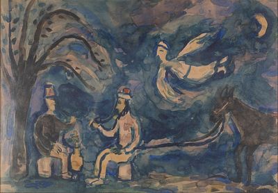 משה קסטל - 1991 - 1909. עקידת יצחק, 
אקוורל על נייר, 30x44 ס"מ, 
חתום. 
אוסף רובין ופייגי צימרמן, 