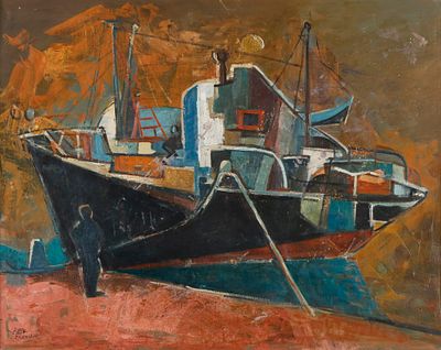 יעקב איזנשר - 1980 - 1896. ספינה, שמן על בד, 73x92 ס"מ, חתום.