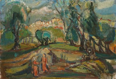 מרדכי לבנון - 1968 - 1901. נוף, 1944, שמן על בד, 30x45 ס"מ, חתום ומתוארך.
